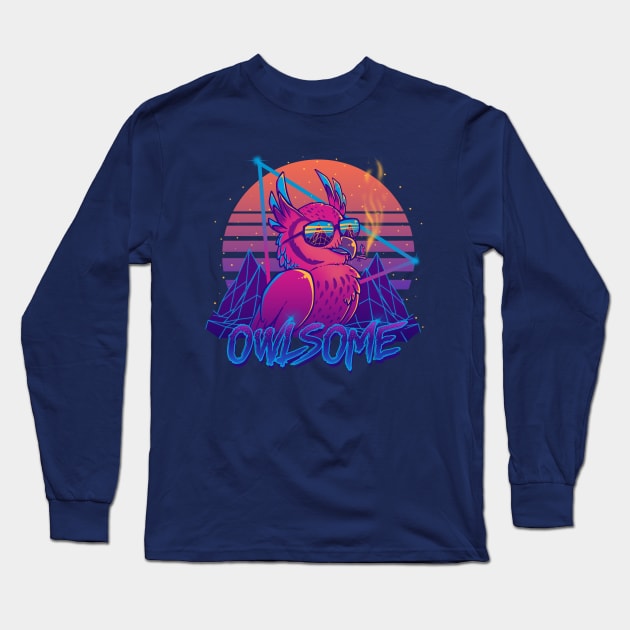 Owlsome - Owl Awesome Bird Retrowave 80s Long Sleeve T-Shirt by TechraNova